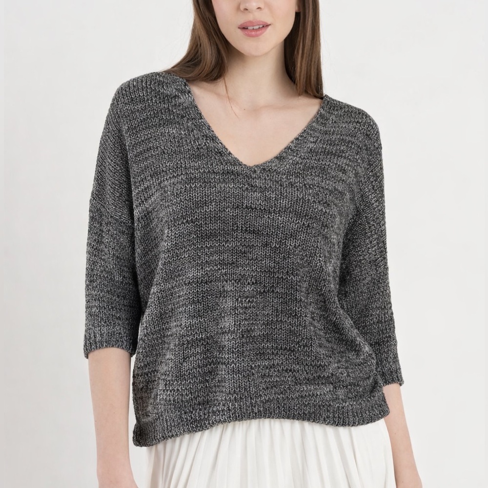 Express XS Marled V Neck Sweater Black White 100% Cotton High Low NWT